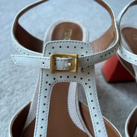 Fendi White Cut-Out Patent Leather And Orange Lizard Block Heel Peep Toe - Picture 5 of 8
